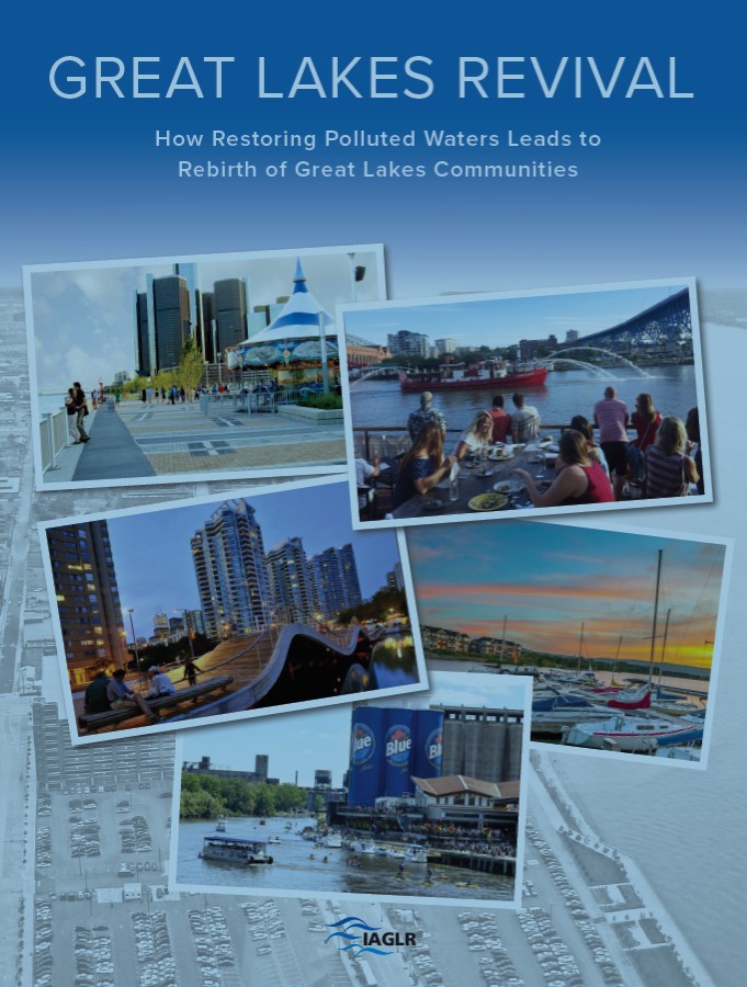 Poster image of detroit river in background and several photos of Great Lakes communities in front