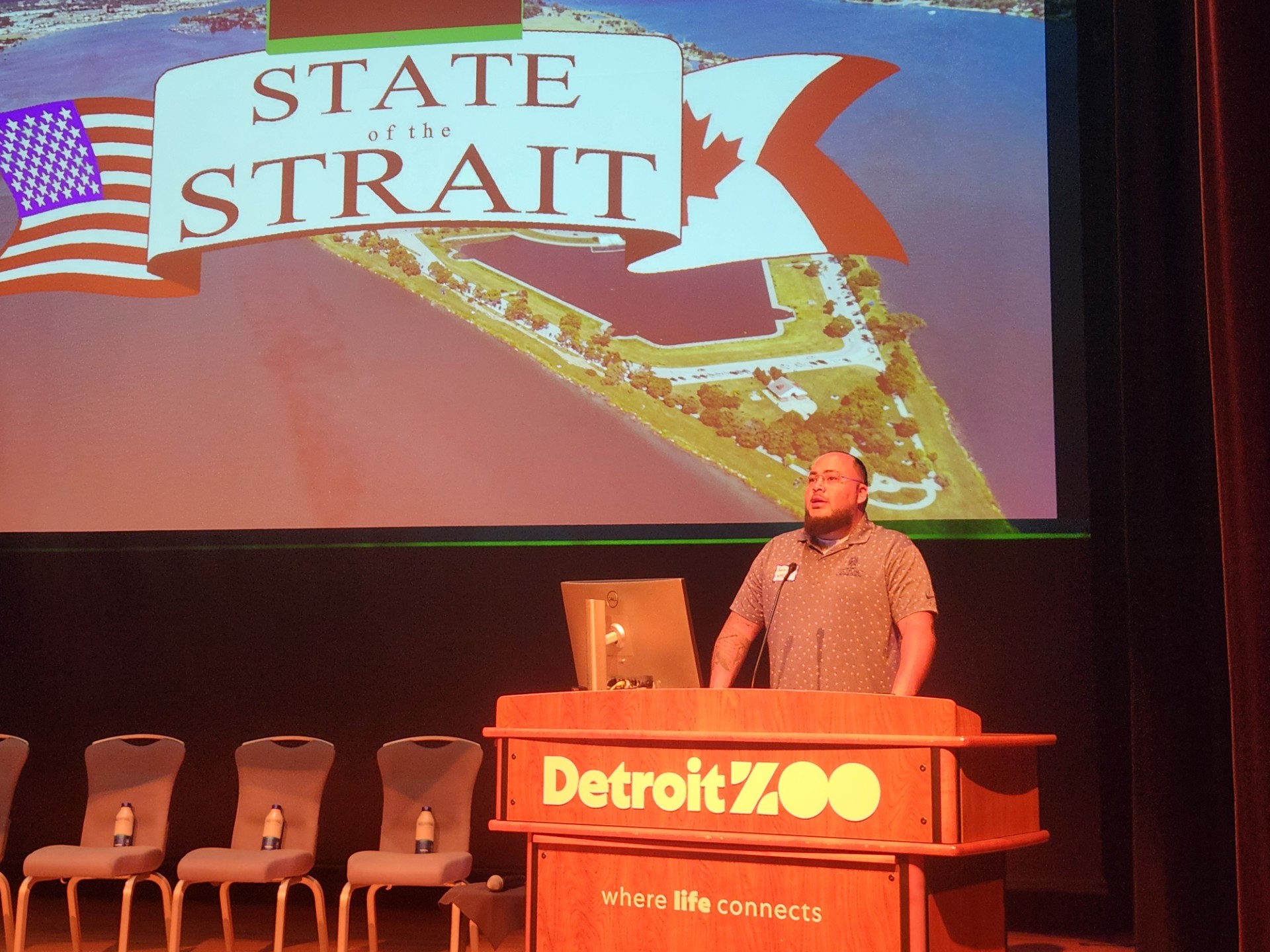 Kevin Harris of the Nottawaseppi Huron Band delivers a land acknowledgement to open the 2026 State of the Strait Conference