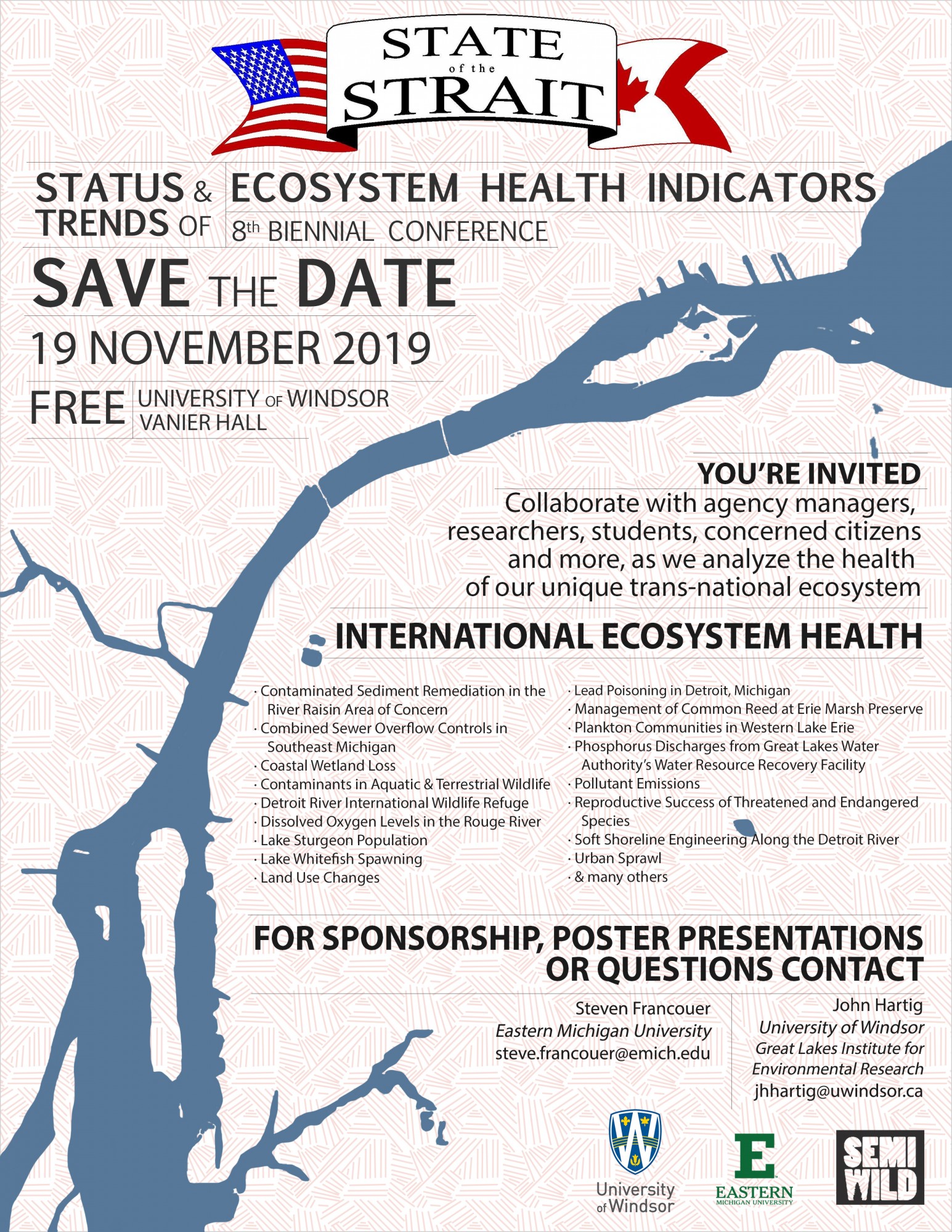 poster image for State of the Strait Conference showing U.S. and Canadian flags and the Detroit River