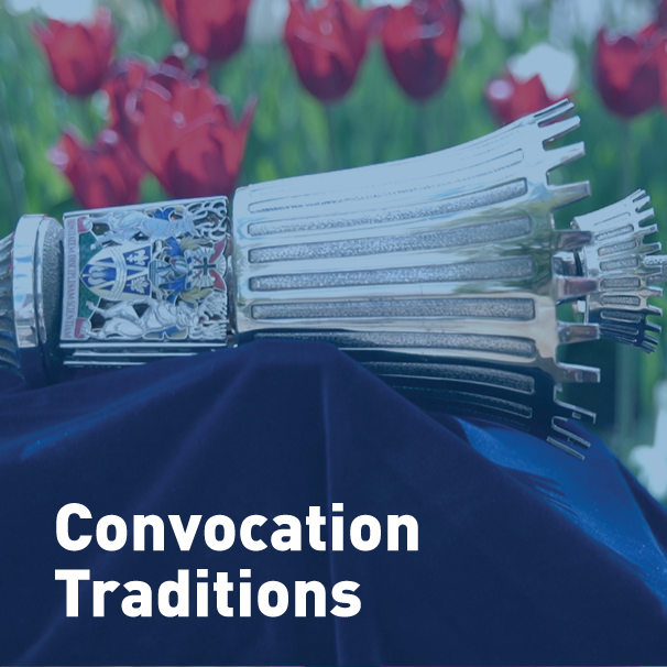 The ceremonial mace for convocation rests on blue velvet