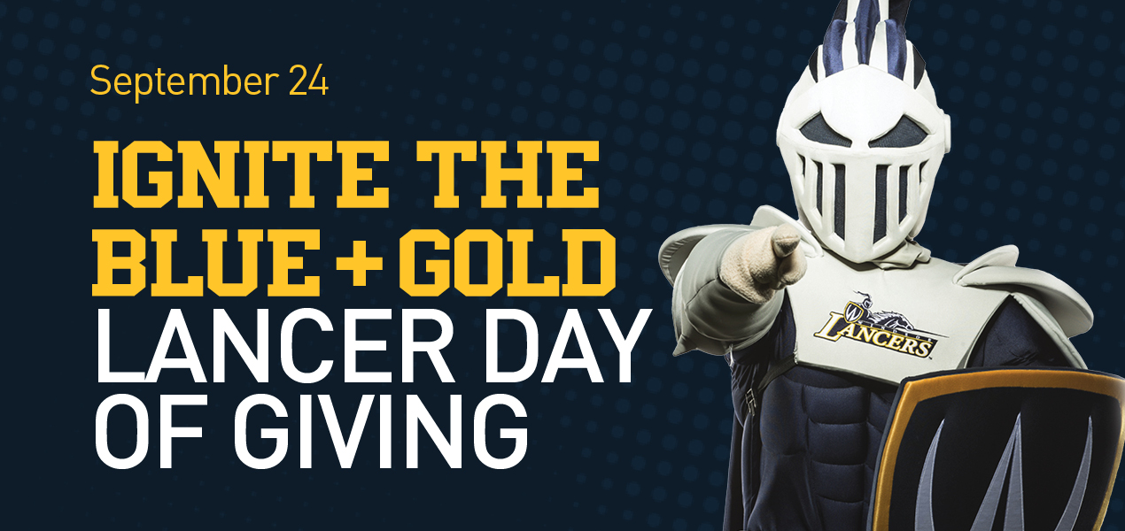 Windsor mascot pointing at the viewer, getting ready to Ignite the Blue and Gold on Sept 25.