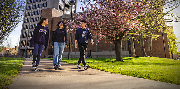 Low angle view of three students walking down a sidewalk with Essex Hall in the background