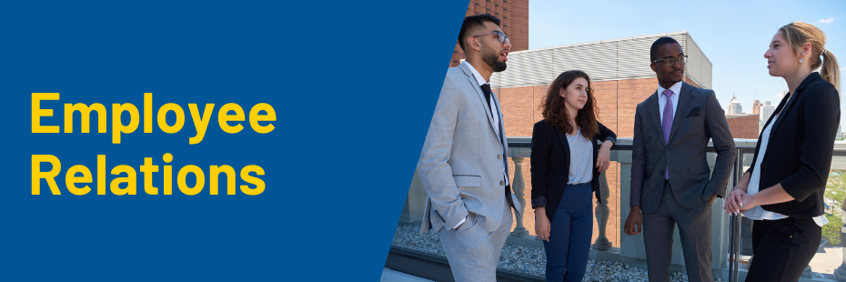 Employee Relations banner with four students standing talking to each other
