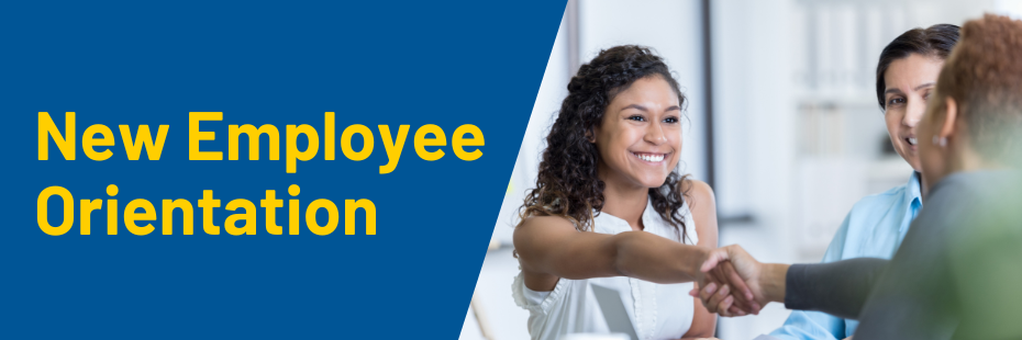 New Employee Orientation banner with two people shaking hands