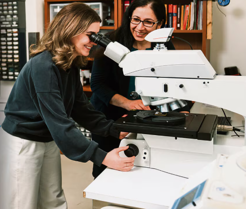 Researchers using a microscope in a lab