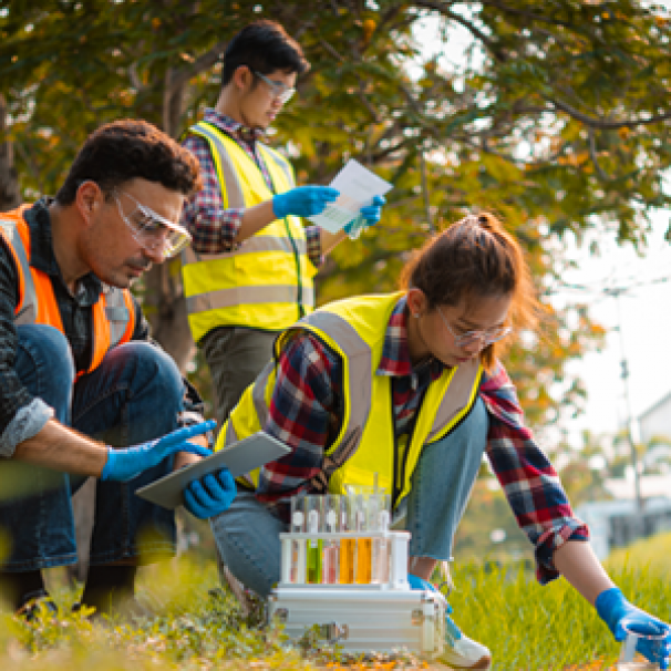 Three scientists outside taking a water sample with a text overlay "Innovation Stories"
