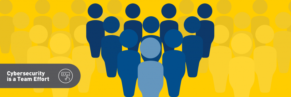 Cybersecurity Awareness - Password care icon Graphic illustration of a blue team with yellow team members surrounding
