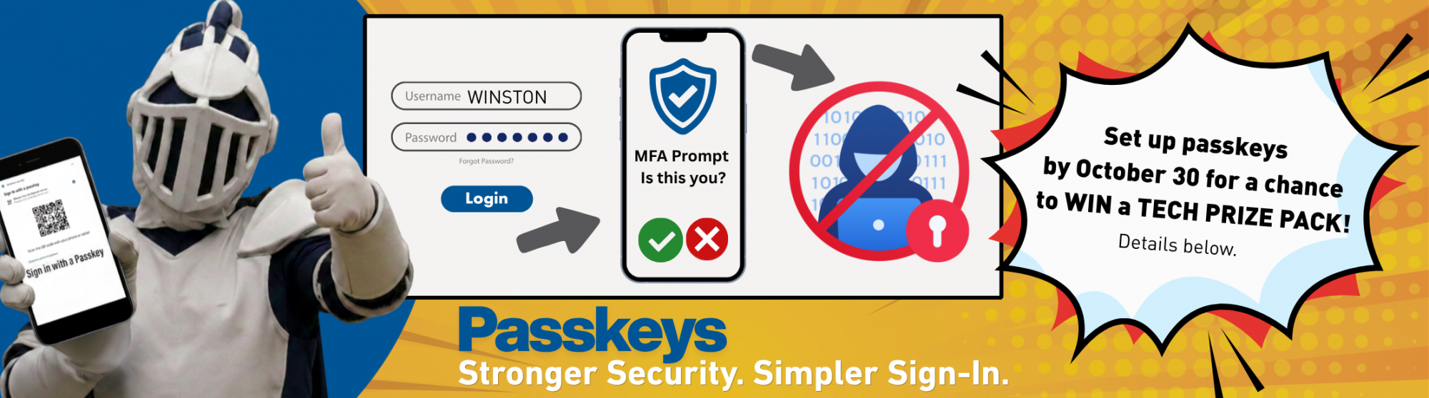 Cybersecurity awareness graphic promoting passkeys. A mascot in armor holds a smartphone displaying a passkey sign-in QR code. The image illustrates a login process, MFA verification on a mobile device, and prevention of unauthorized access with a crossed-out hacker icon. Text highlights that passkeys offer stronger security and simpler sign-in, and encourages users to set up a passkey by October 30 for a chance to win a tech prize pack.
