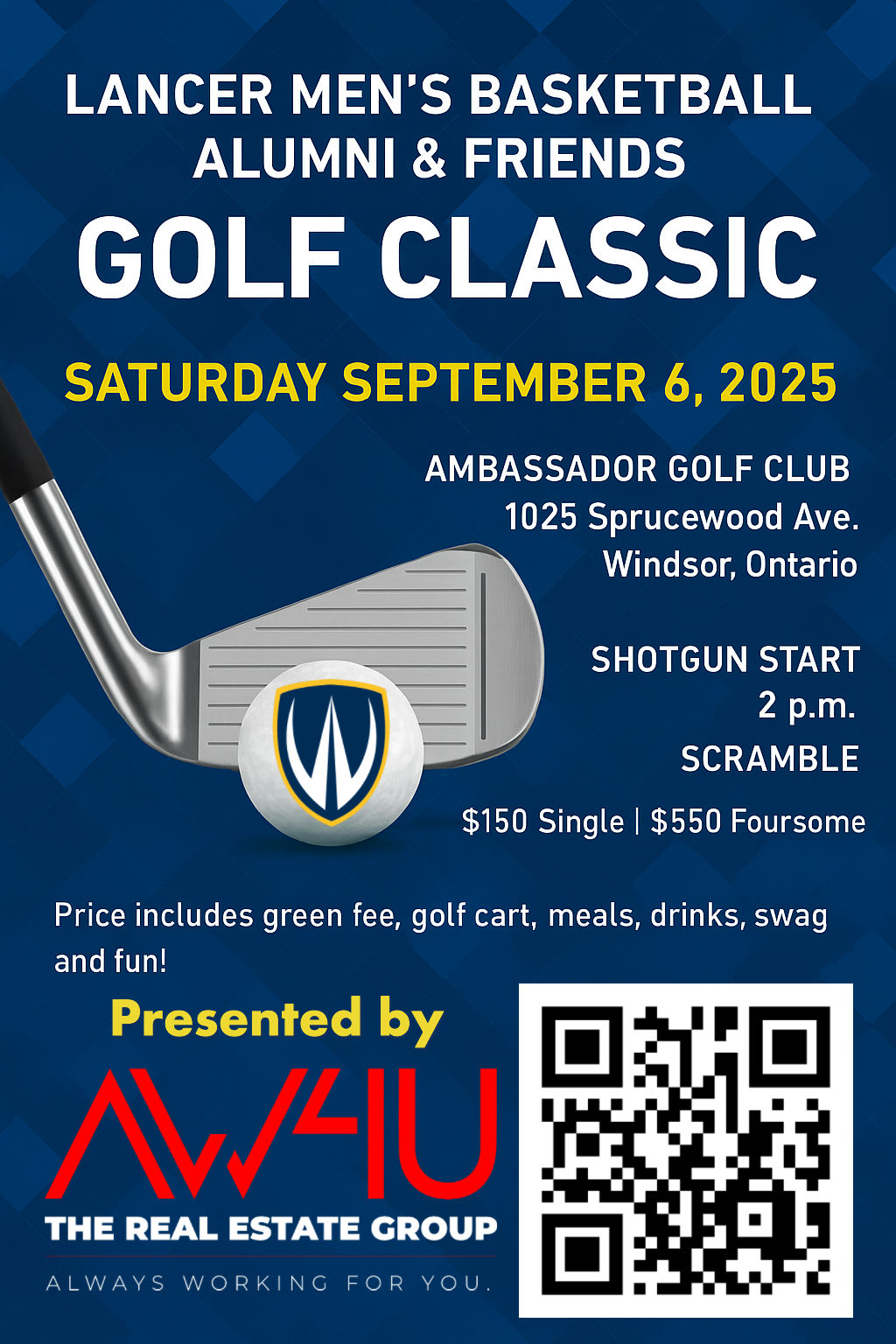 Golf club with golf ball graphic with description of Lancer men's basketball golf tournament info 