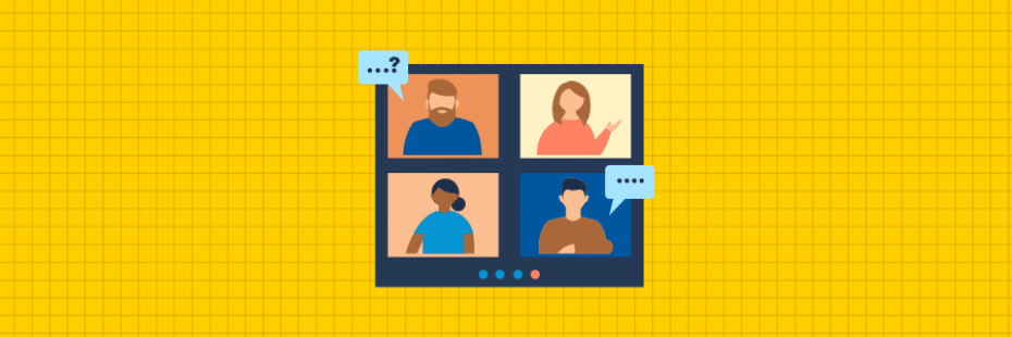 Graphic of four people chatting on a computer.