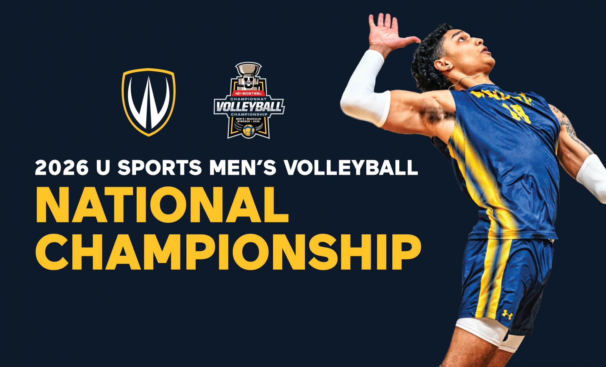 2026 U Sports Men’s Volleyball  National Championship graphic with player jumping for ball