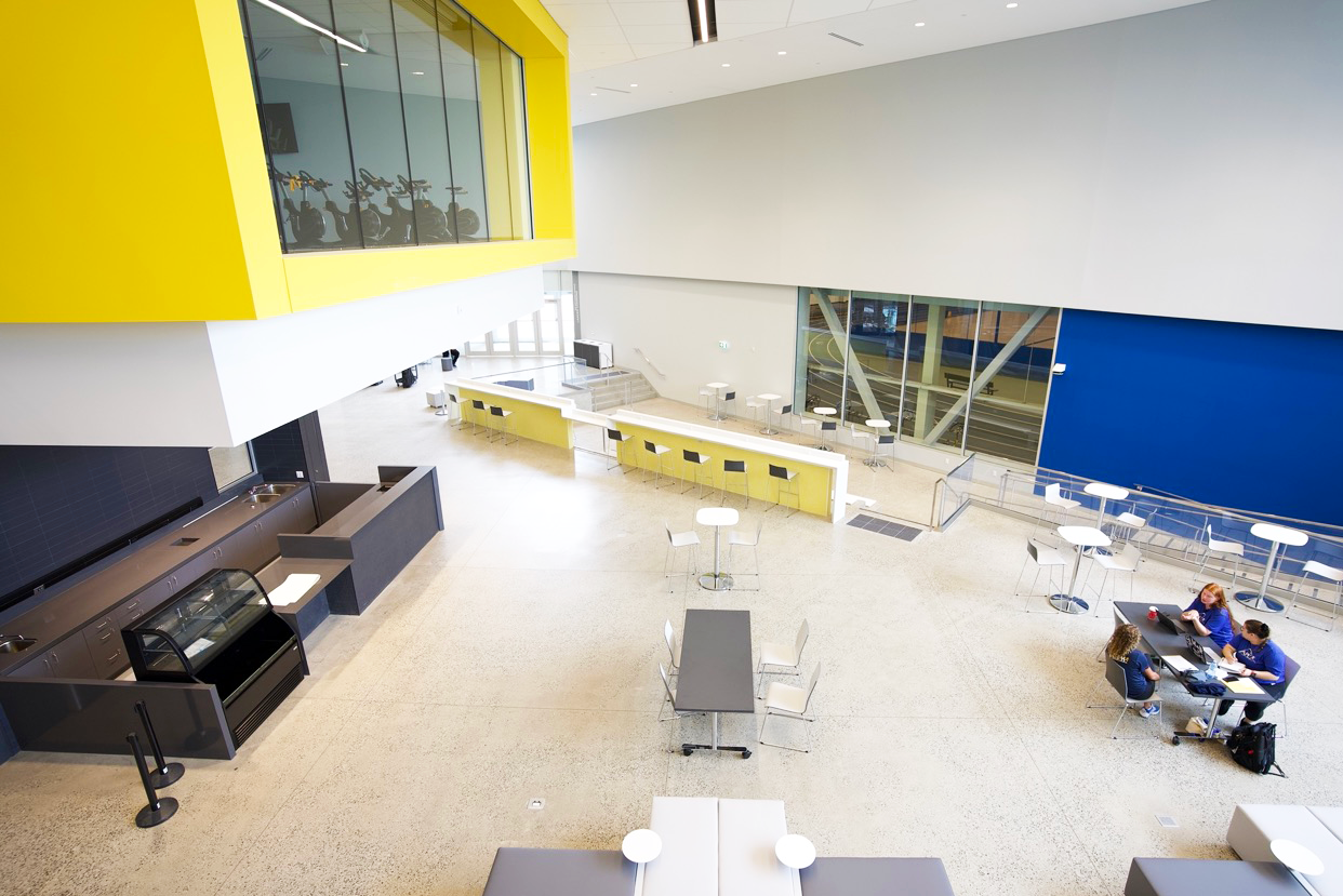 Overview of Lancer Commons with students sitting and views into spin room