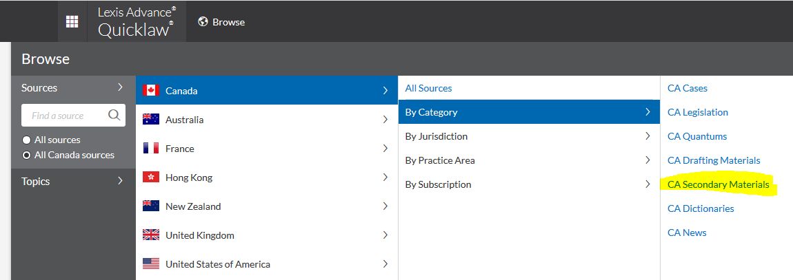 Lexis Advance Quicklaw browse screenshot