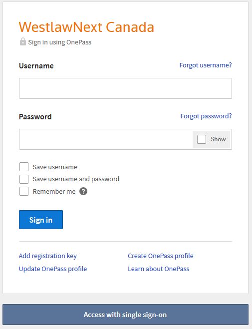 WestlawNext Canada signin screenshot