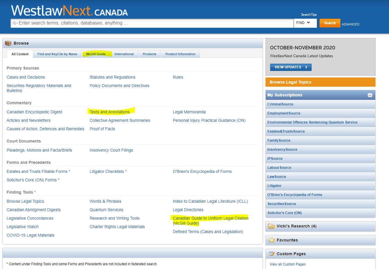 WestlawNext Canada landing page with links to McGill Guide and Texts & Annotations highlighted