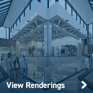 Artist rendering of interior of atrium on top floor with students interacting