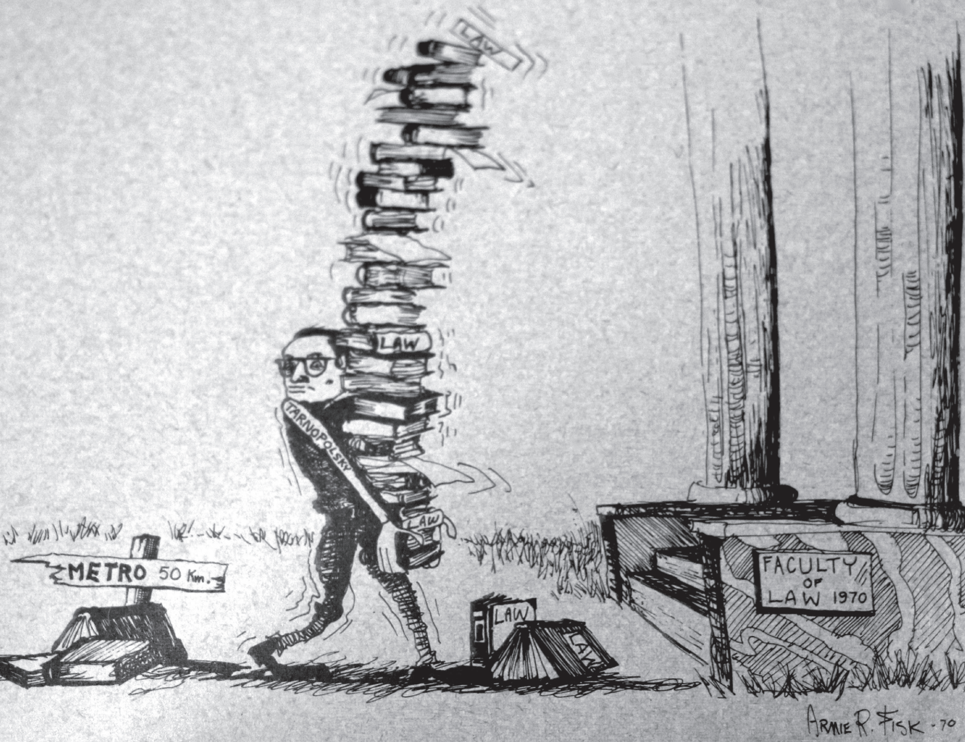 Image of previous Oyez cover are. Man carrying a stack of books