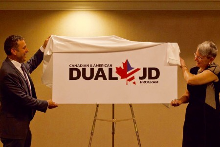Windsor Law Dean Christopher Waters and UDM Law Dean Phyllis Crocker Unveil New Dual JD Program Logo