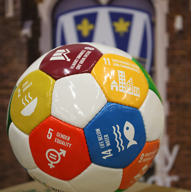 soccer ball labelled with UN sustainability goals