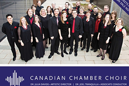 Members of the Canadian Chamber Choir wearing black with red accents