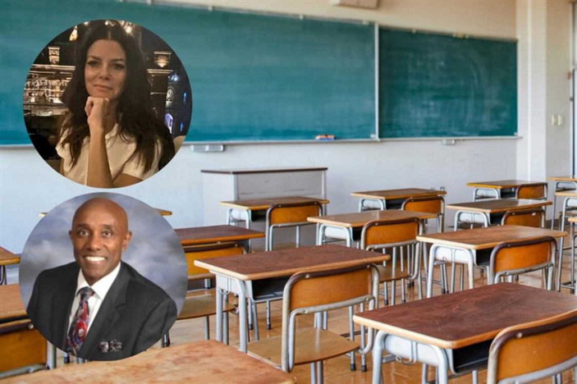 Image of desks in a classroom with overlaid headshots of Anne Rovers and Andrew Allen