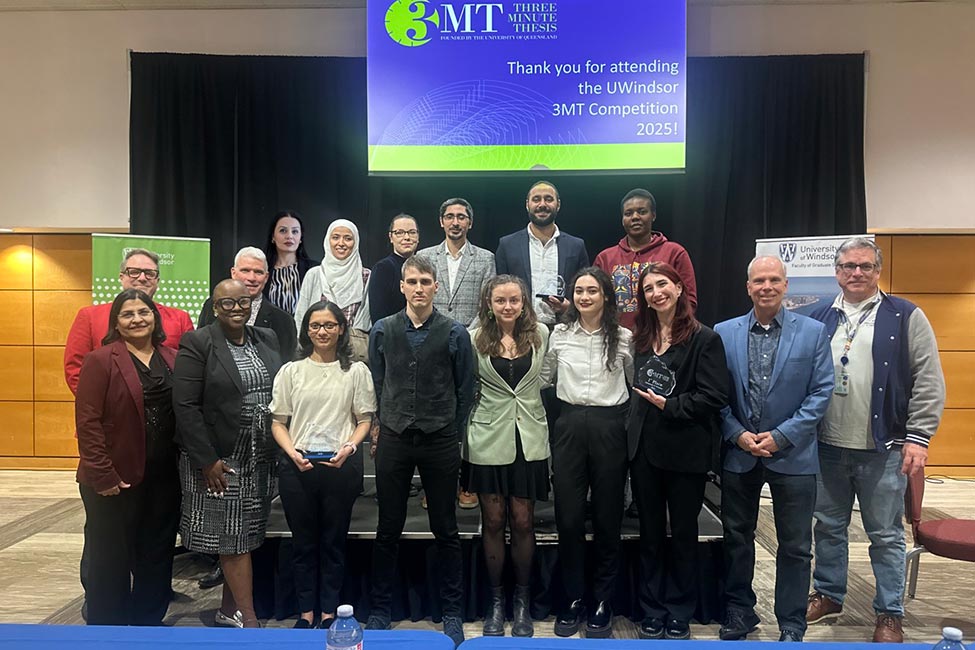 A group photo of participants, organizers, and judges at the University of Windsor’s 2025 Three Minute Thesis (3MT) Competition