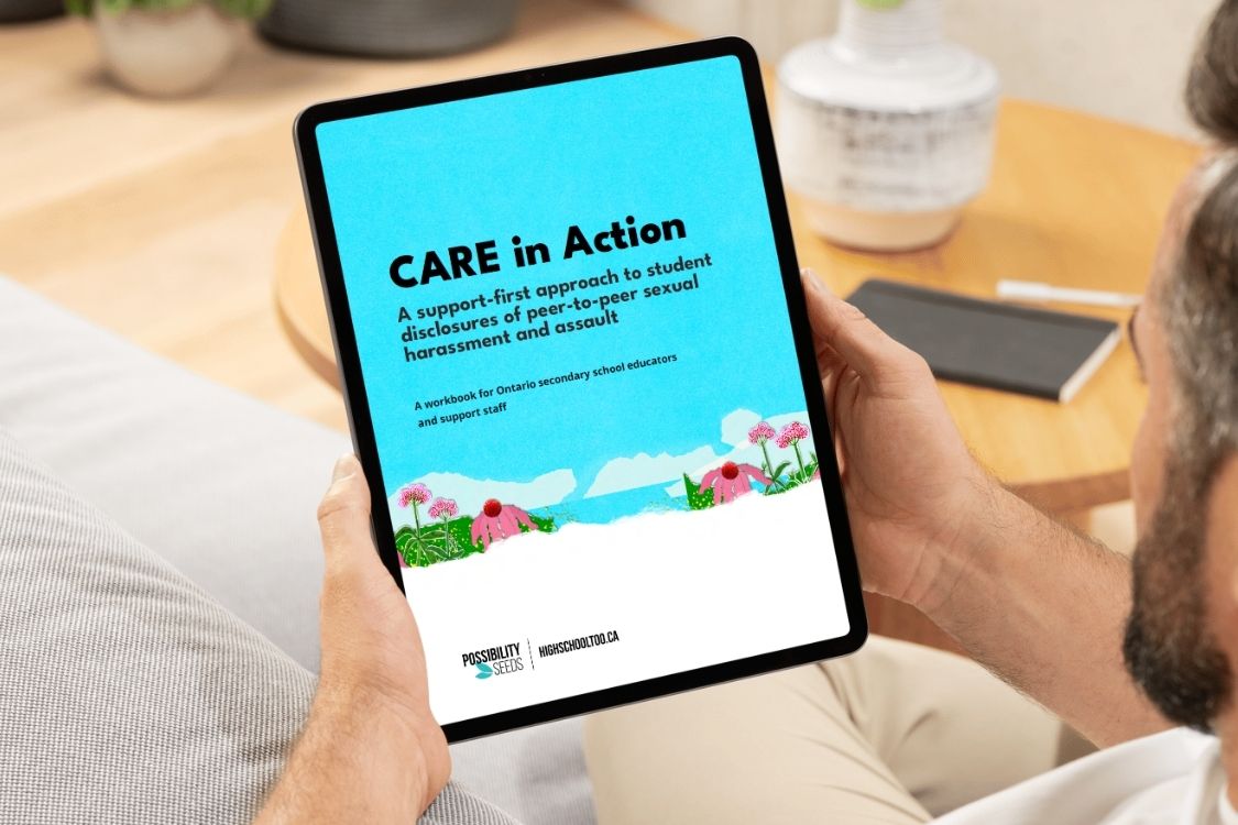 Cover for the CARE guide on a tablet held by a man