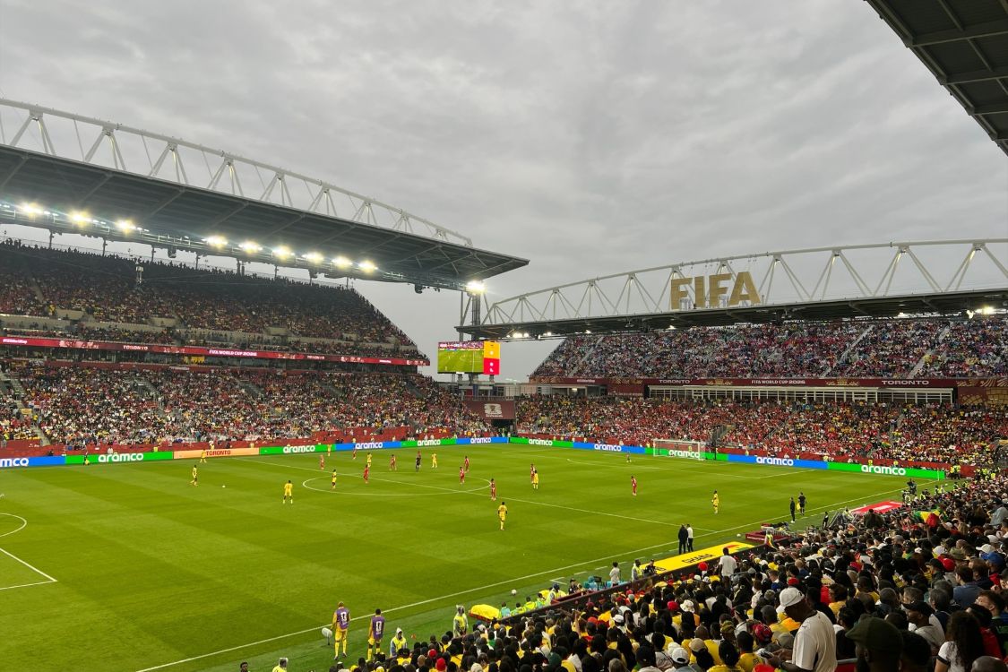 Wide shot of World Cup soccer game at Toronto stadium
