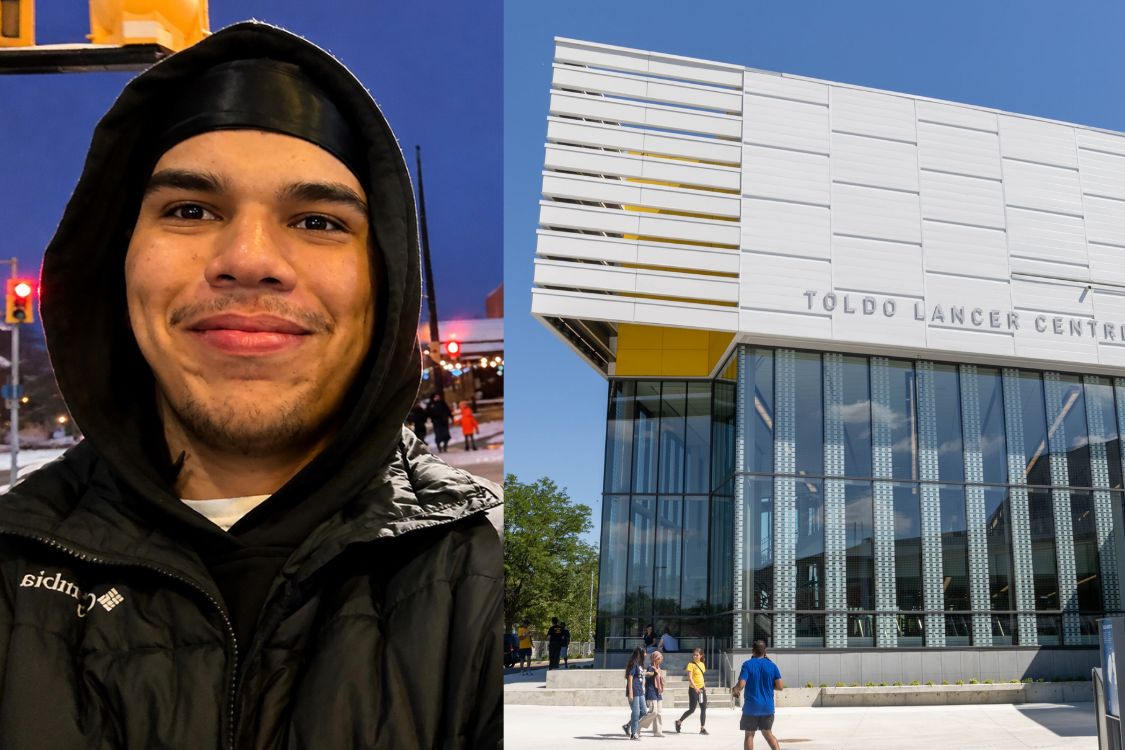 Isaiah Maracle smiling wearing a black hoodie next to a photo of the entrance of the Toldo Lancer Centre