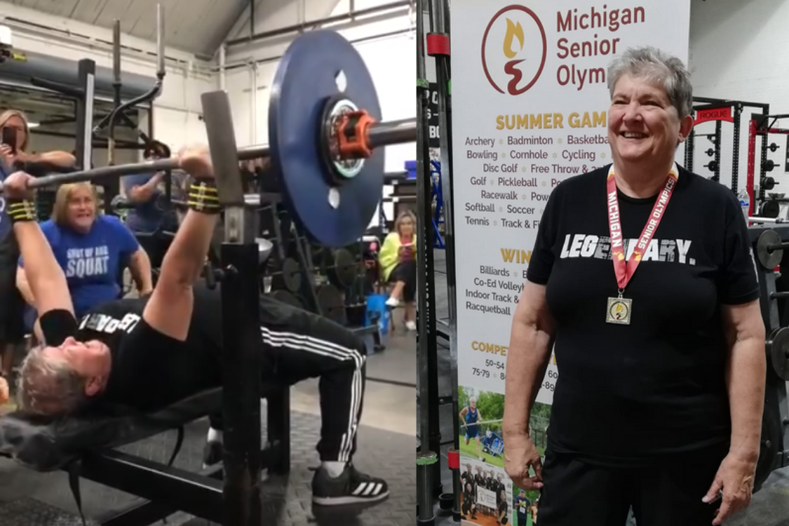 Jeanine Watt bench pressing (left) and smiling at the Senior Olympics (right)