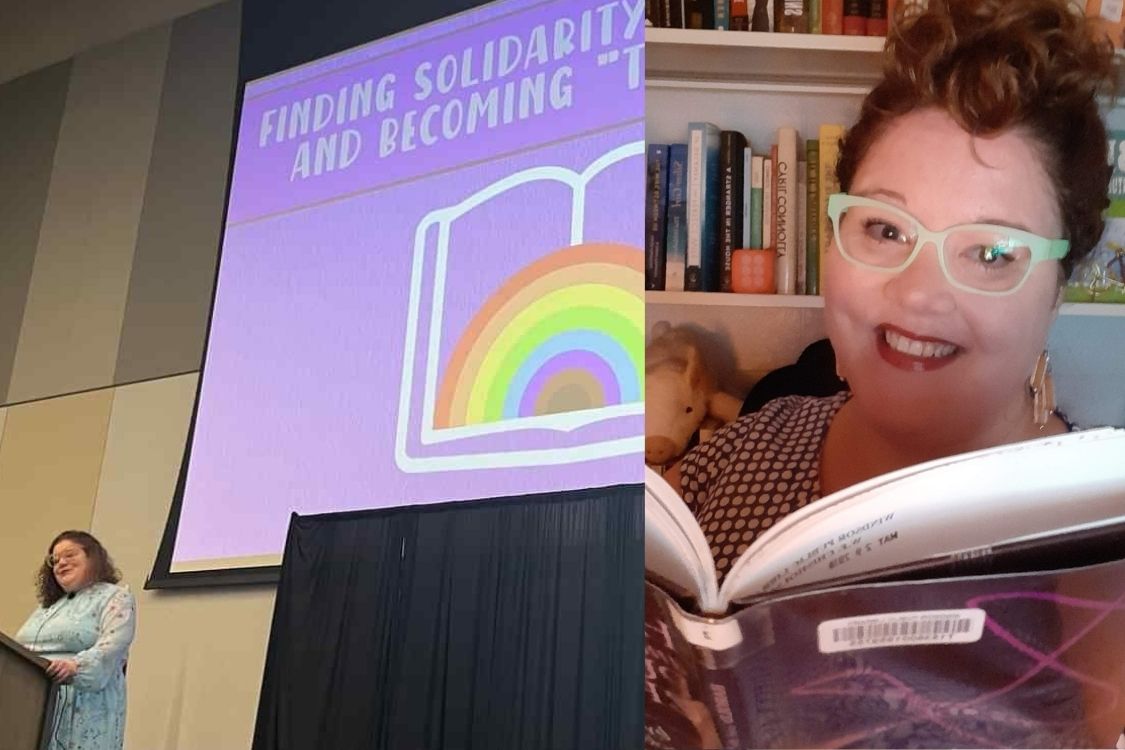 Split screen image of Kate Reynolds presenting at ALA and Kate in glasses reading a book and smiling