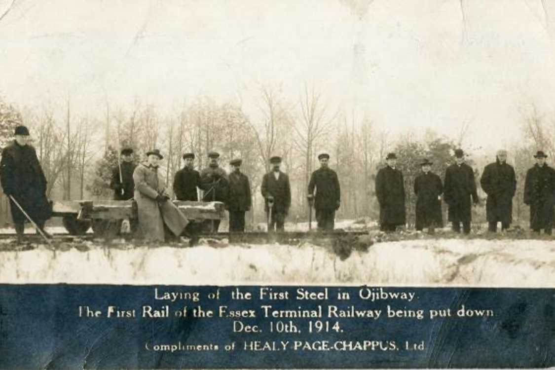 Workers lay the first steel for the Essex Terminal Railway in Ojibway in 1914. Photo courtesy of the Mike Skreptak Collection, Leddy Library, SWODA.