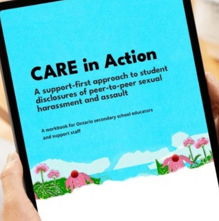 Cover for the CARE guide on a tablet held by a man