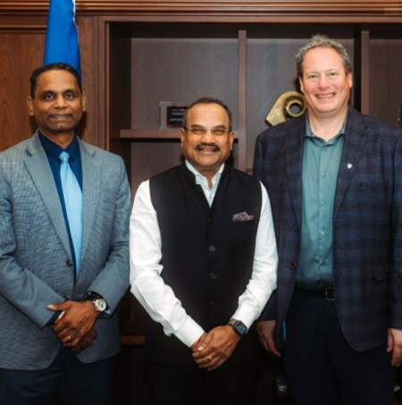 From left to right: Rakesh Naidu of ONHealth Alliance, India’s Consul General Mahaveer Singhvi, and University of Windsor President and Vice-Chancellor J.J. McMurtry during the Consul General's vis