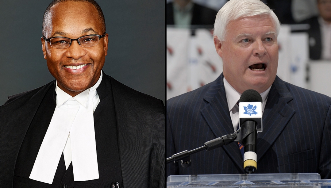 Headshots of Chief Justice Michael H. Tulloch and broadcaster Joe Bowen.
