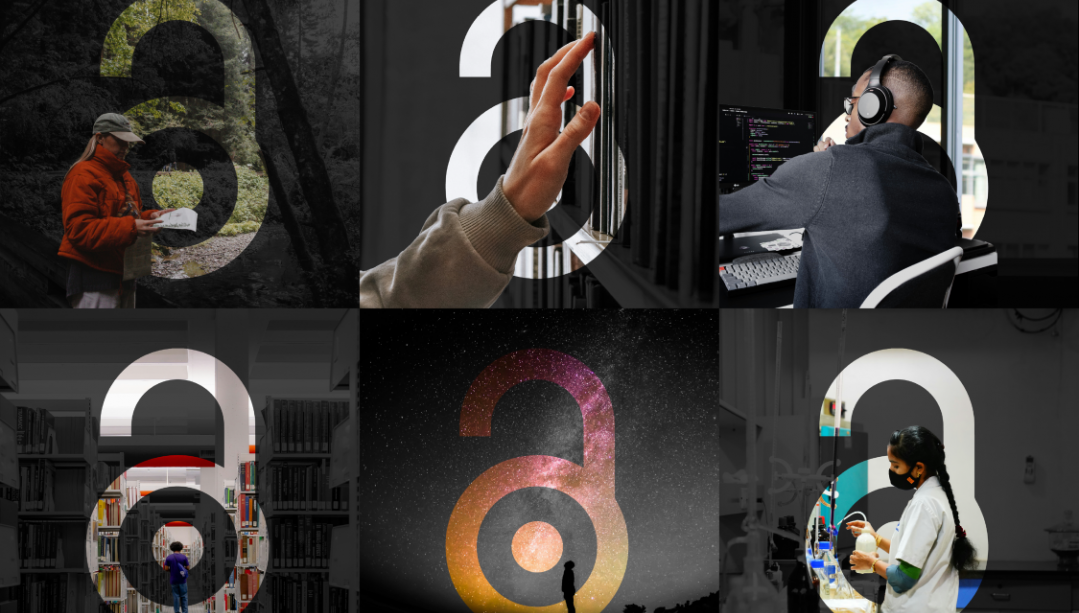 Open Access lock logo over a variety of images of people doing research