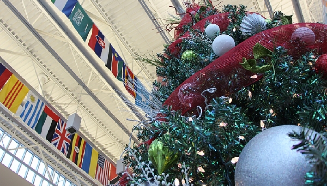 Holiday tree and ornaments in CAW Student Centre.
