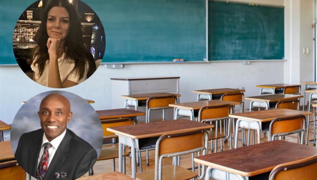Image of desks in a classroom with overlaid headshots of Anne Rovers and Andrew Allen