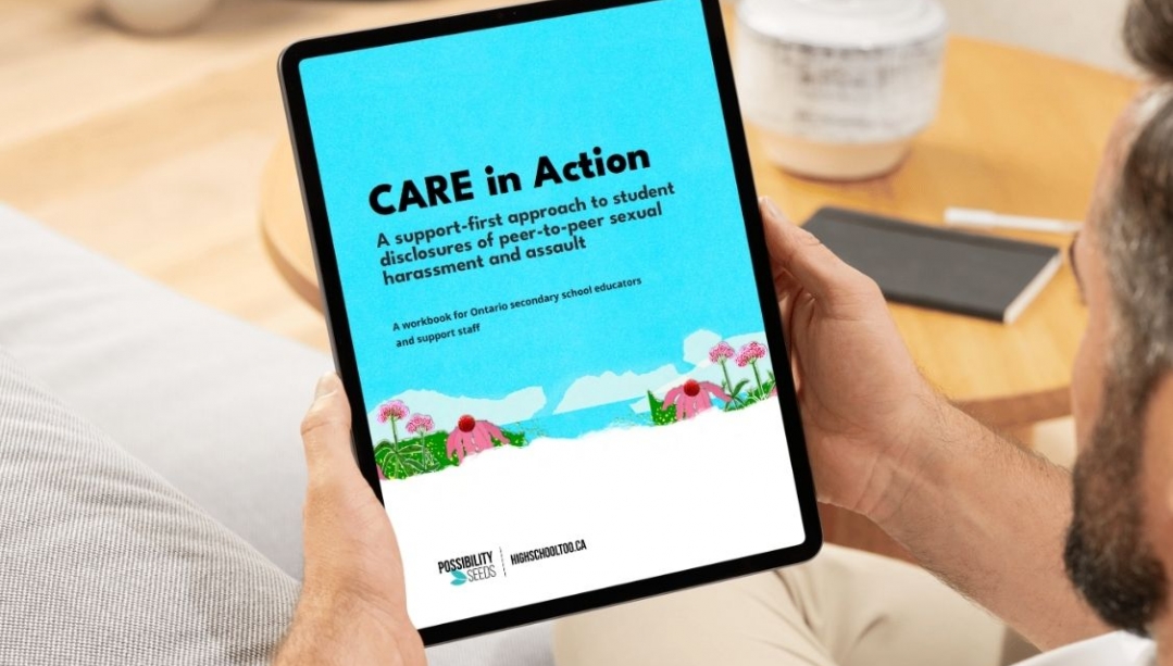 Cover for the CARE guide on a tablet held by a man