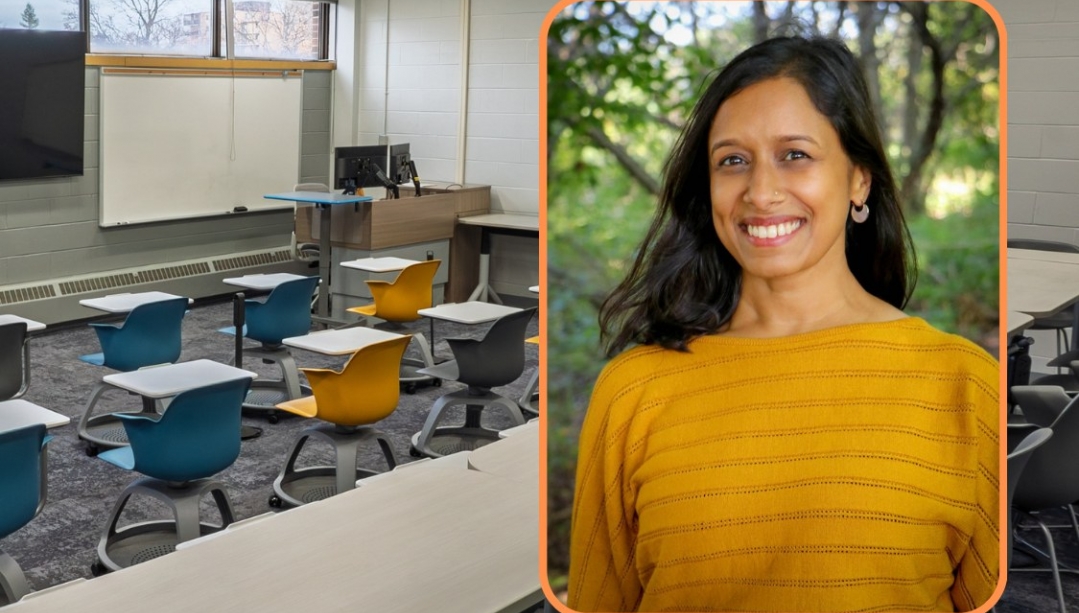 headshot of Dr. Desai over image of room 2223 education building