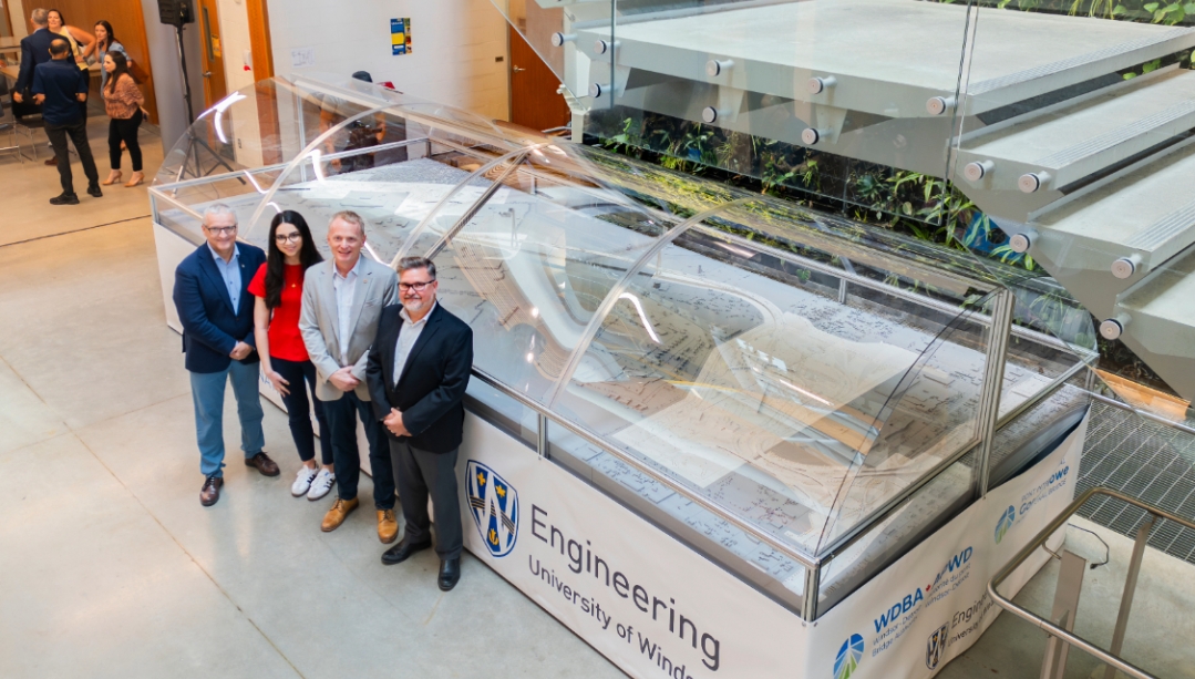 University of Windsor President Robert Gordon, engineering student Mariah Saad, Faculty of Engineering Dean Bill Van Heyst, and WDBA Chief Capital Officer Grant Hilbers