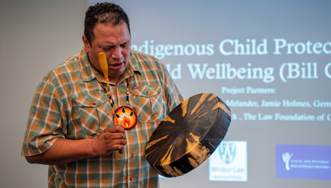Alphonse Aquash, a traditional knowledge holder from Aamjiwnaang First Nation, opened the gathering during the Bill C-92 initiative announcement on Thursday, Sept. 27. (DAVE GAUTHIER/University of Windsor)