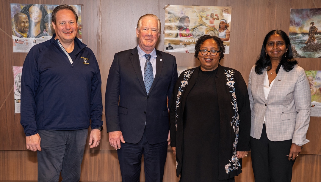 (left to right) UWindsor President Dr. J.J. McMurtry, Fulbright Canada Executive Director Michael Hawes, Fulbright Research Chair Dr. Vida Cross and UWindsor Vice-President Research and Innovation Dr. Shanthi Johnson.