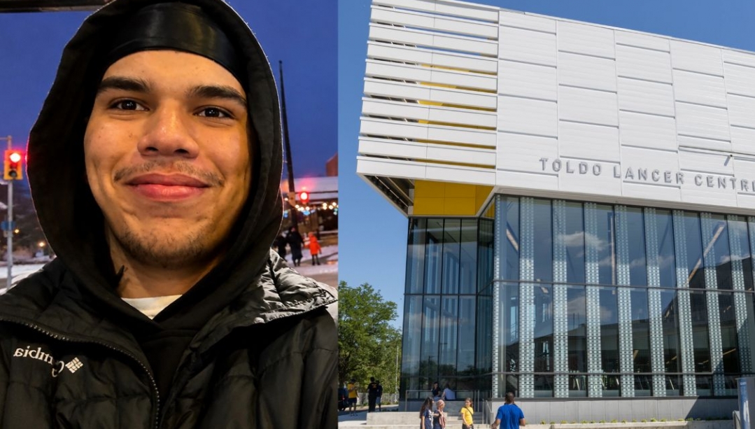 Isaiah Maracle smiling wearing a black hoodie next to a photo of the entrance of the Toldo Lancer Centre