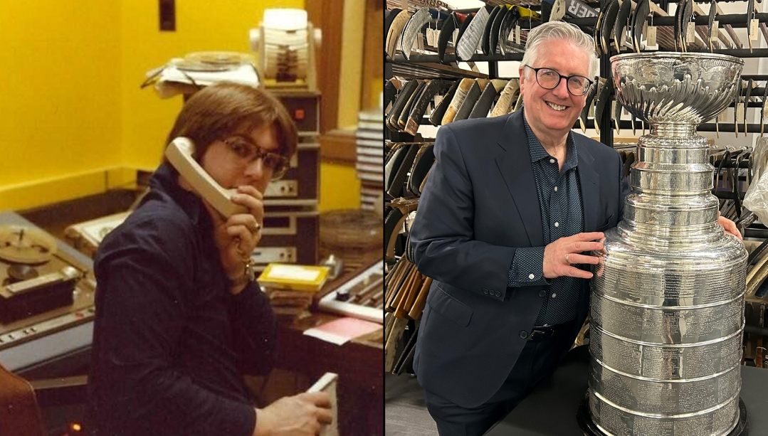 Split photo of Kevin Shea working at CKWW and holding the Stanley Cup in the Hockey Hall of Fame.