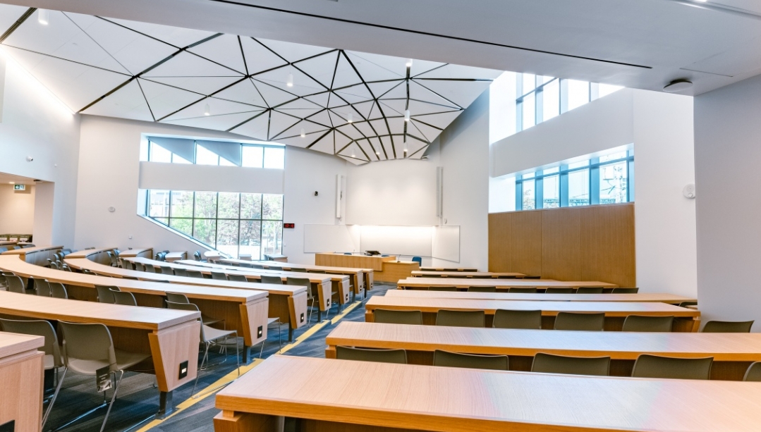 Bright photo of the renovated Moot court at Windsor Law.