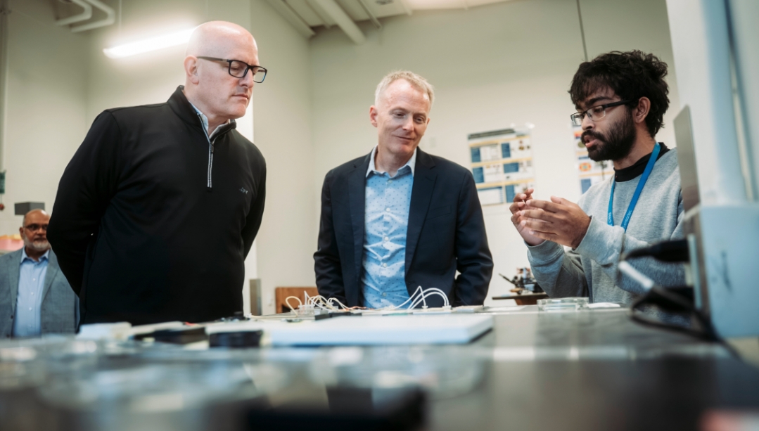 Windsor Mayor Drew Dilkens, Dean of Engineering Bill Van Heyst, and MASc student Mahir Chowdhury