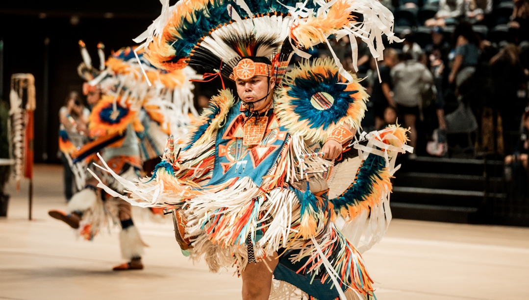 A dancer takes part in the Student and Alumni Pow Wow in 2023.