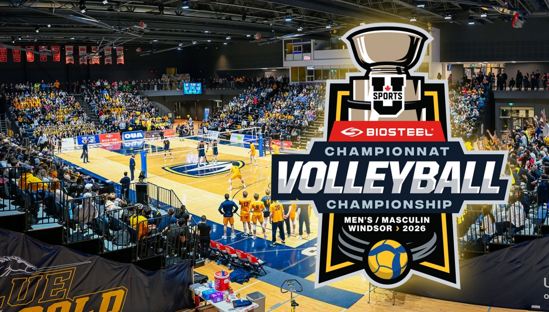 Panoramic shot of the Toldo Lancer Centre court with the U SPORTS championships logo.