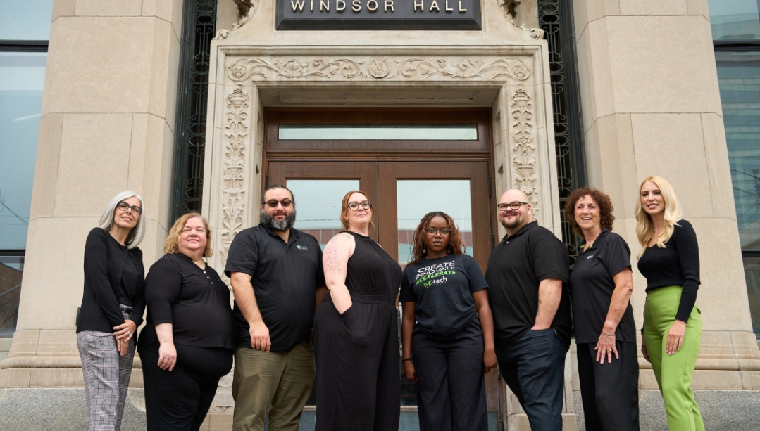 The WEtech Alliance team standing outside of their new space at Windsor Hall at the University of Windsor’s downtown campus. 